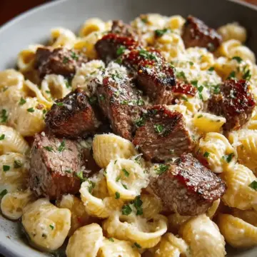 Steak Bites and Shell Pasta in Garlic Butter Alfredo Sauce
