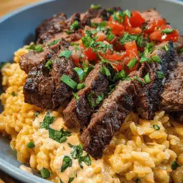 Creamy Queso Rice with Juicy Steak Strips