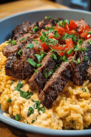 Creamy Queso Rice with Juicy Steak Strips