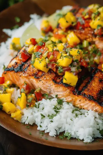 Grilled Salmon with Mango Salsa and Coconut Rice