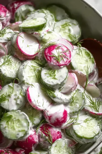 Cucumber Radish Salad w/ Yogurt Dill Dressing