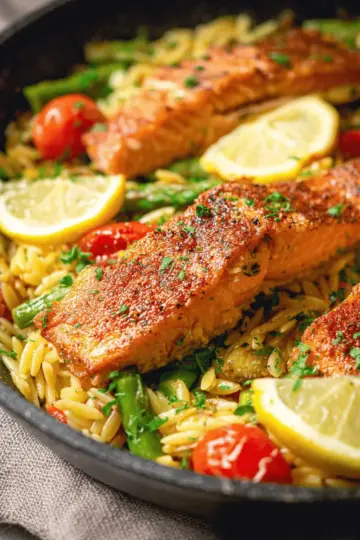 Lemon Salmon Orzo Skillet