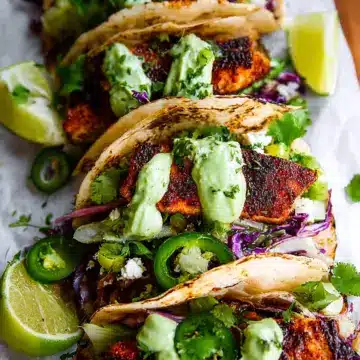 Blackened Cod Fish Tacos with Cilantro Avocado Sauce