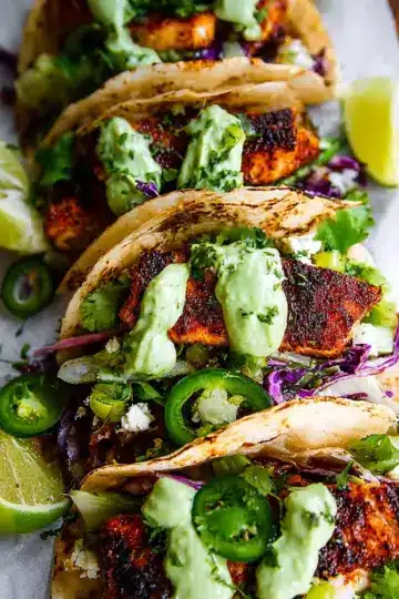 Blackened Cod Fish Tacos with Cilantro Avocado Sauce