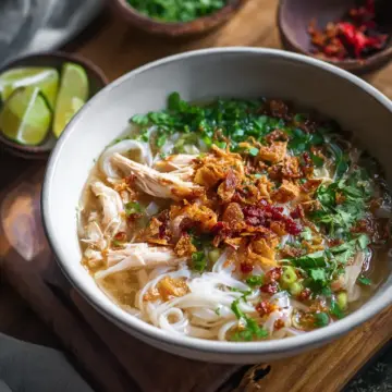 Gingery Chicken and Rice Noodle Soup with Crispy Garlic