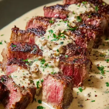 Steak with Creamy Peppercorn Sauce