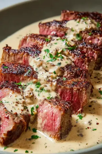 Steak with Creamy Peppercorn Sauce