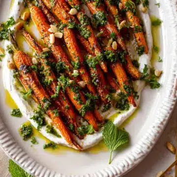 Maple Roasted Carrots with Chimichurri on Whipped Tahini Yogurt