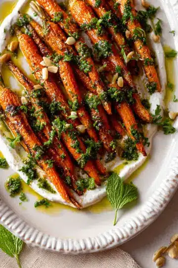 Maple Roasted Carrots with Chimichurri on Whipped Tahini Yogurt