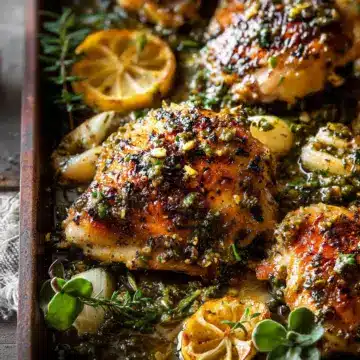 Roasted Garlic Butter Chicken with Lemon Olive Dressing.