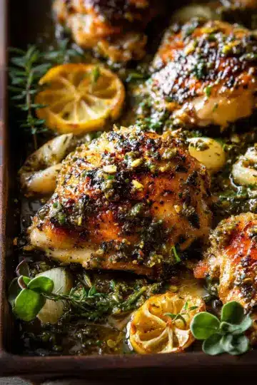 Roasted Garlic Butter Chicken with Lemon Olive Dressing.