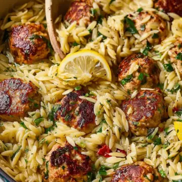 One-Pan Greek Chicken Meatballs and Lemon Orzo