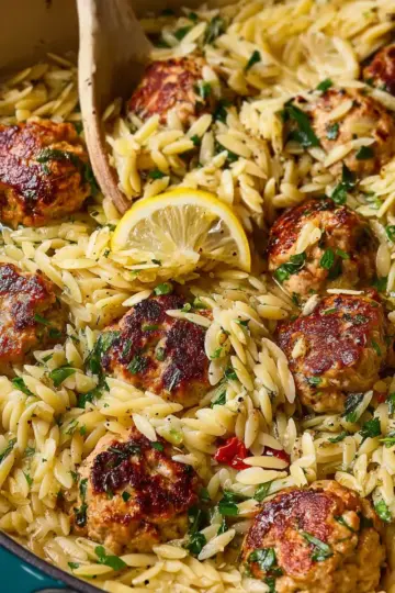 One-Pan Greek Chicken Meatballs and Lemon Orzo
